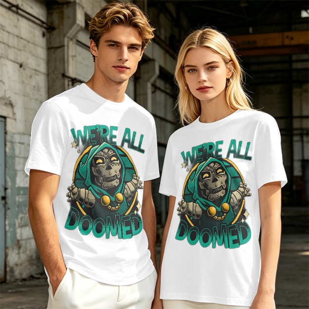Olive T-Shirt Featuring 'We're All Doomed' Doom Character Art