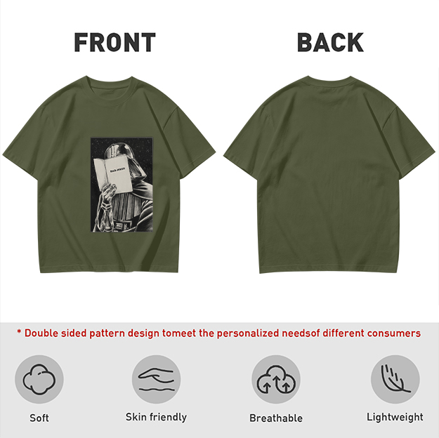 Olive T-shirt with Darth Vader reading a book graphic