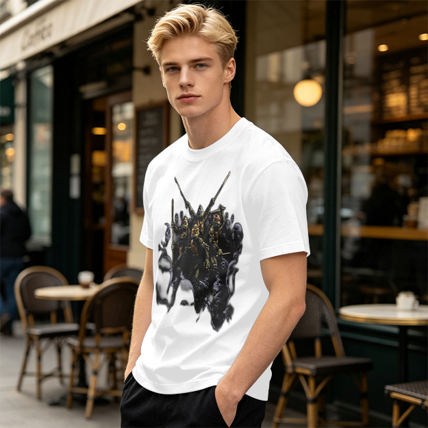 Olive T-Shirt with Fantasy Warrior Group Graphic Print