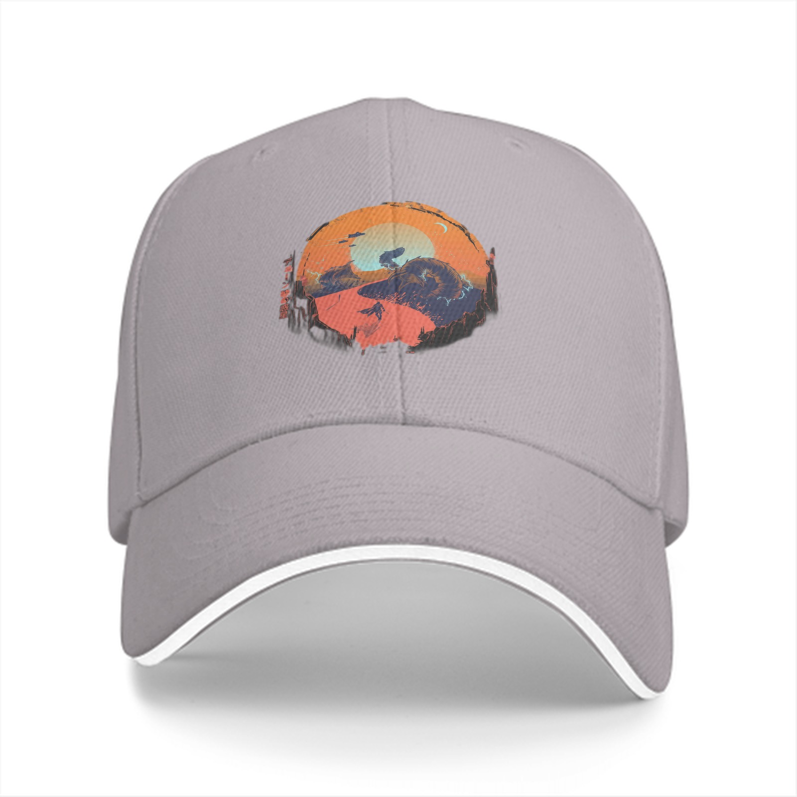 Black Baseball Cap with Sunset Landscape Graphic Print