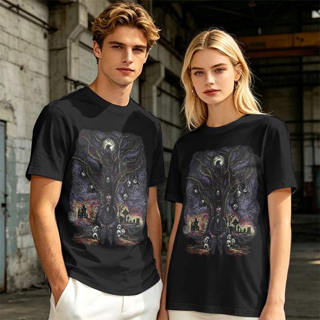 Olive t-shirt with gothic tree raven and graveyard graphic
