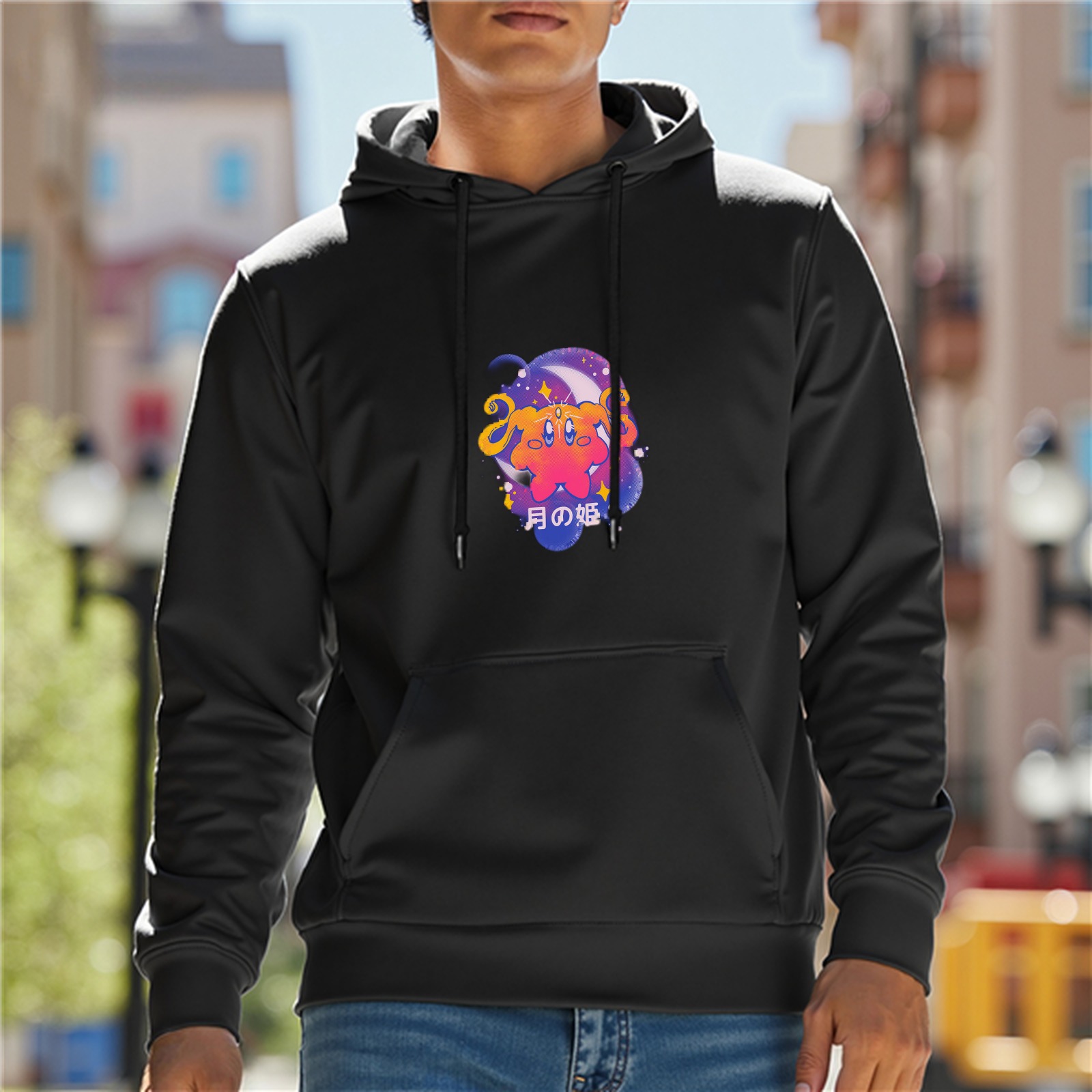Black hoodie with cosmic cartoon character graphic