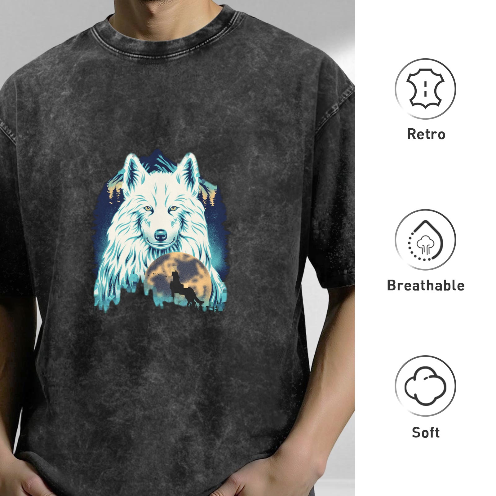 Oversized Dark Wash T-Shirt With White Wolf And Moon Graphic