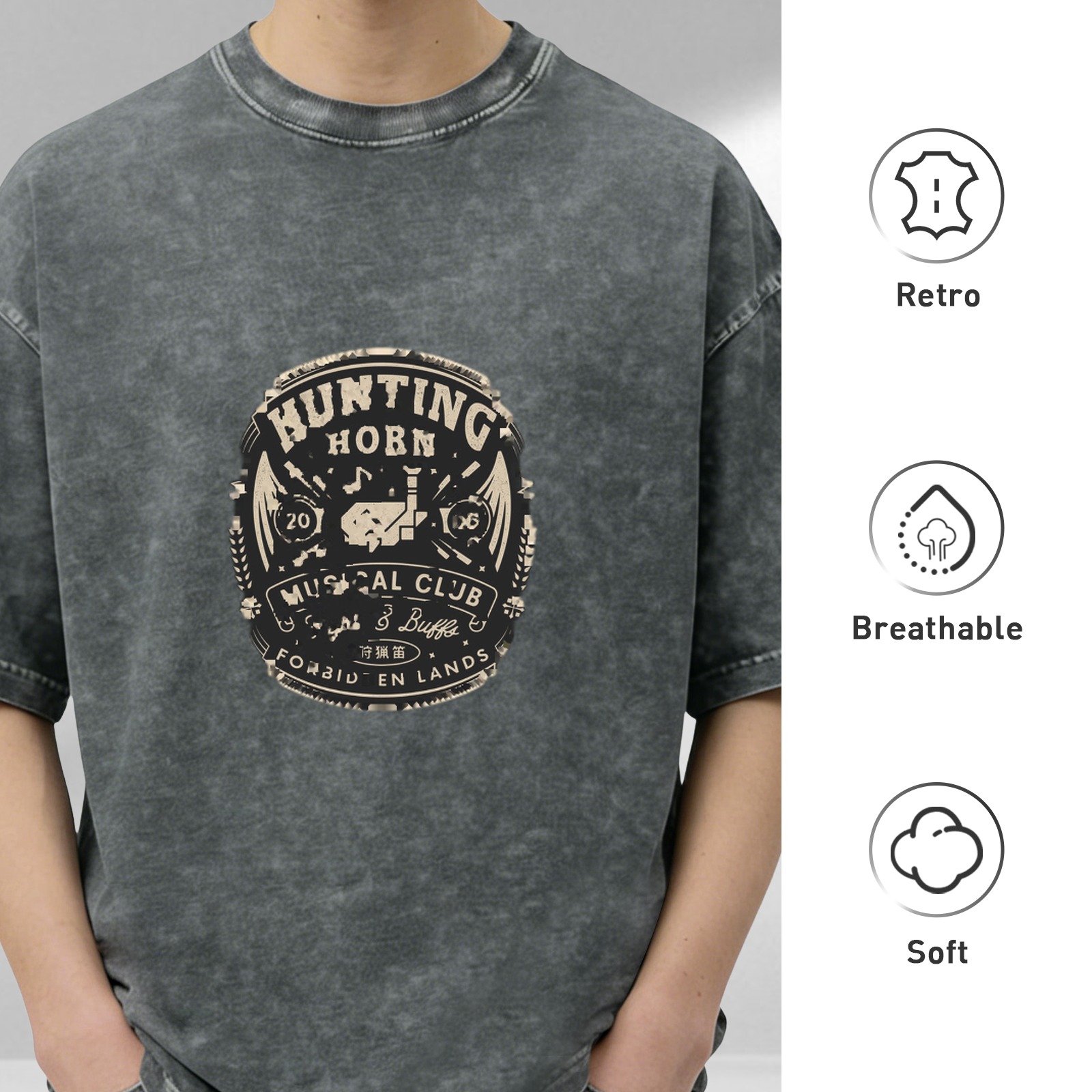 Washed Black Graphic T-Shirt with Hunting Horn Musical Club Print