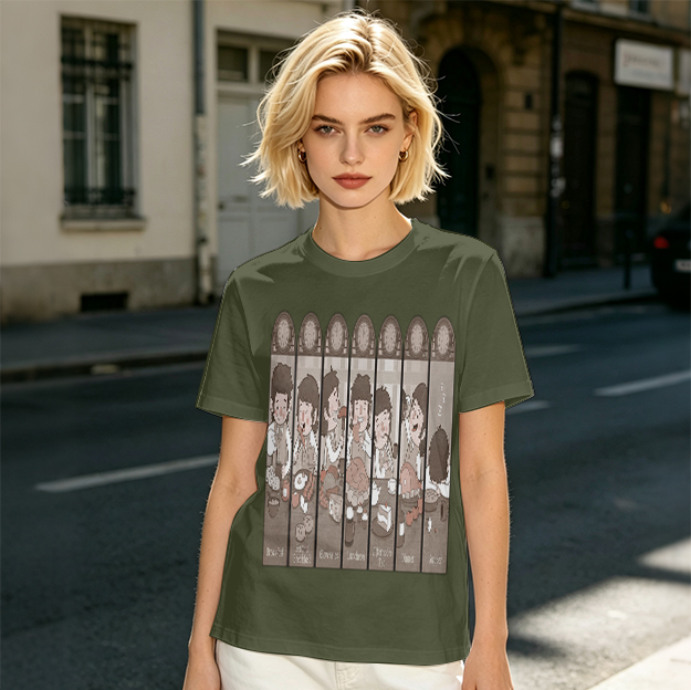 Olive green t-shirt with cartoon medieval feast scene print