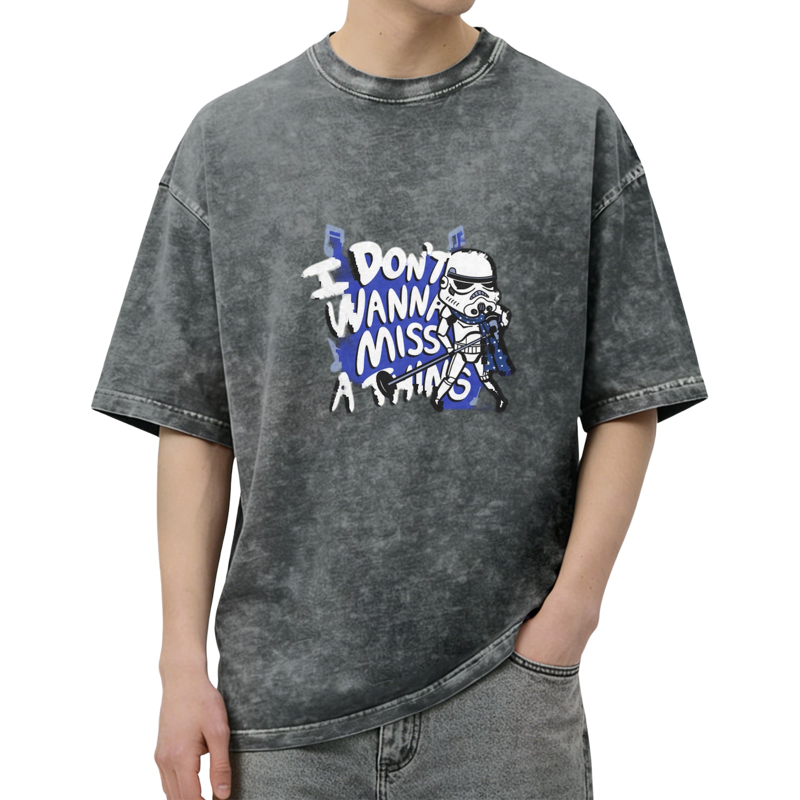 Washed Black T-Shirt With Stormtrooper Singer Graphic and I Don't Wanna Miss A Thing Text