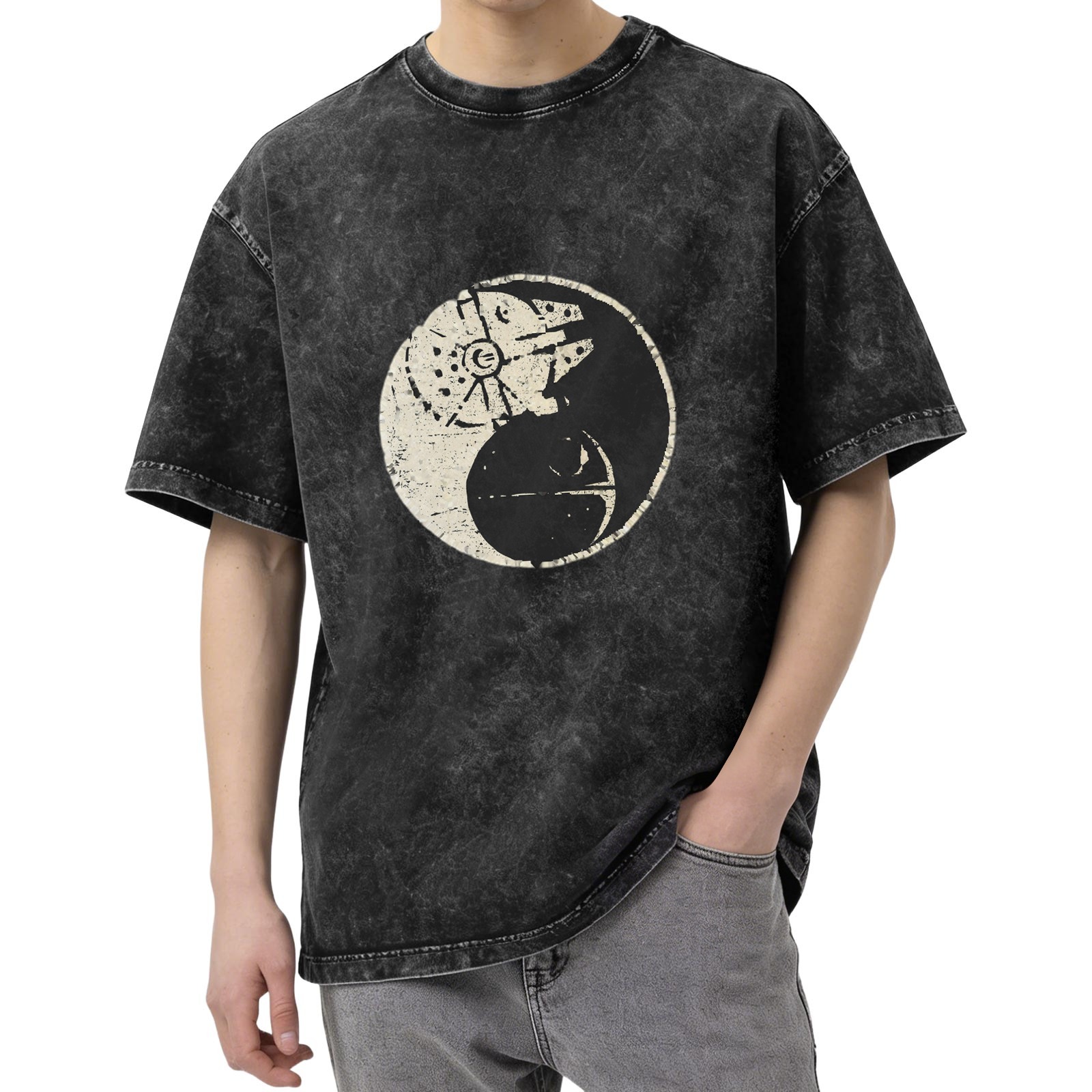 Star Wars Yin Yang Graphic Acid Wash T-Shirt, Oversized Short Sleeve Crew Neck Tee, Casual Streetwear Top