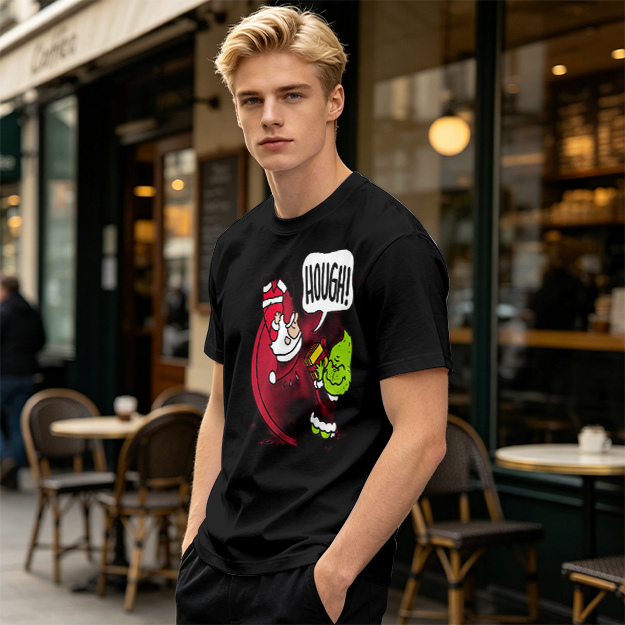 Olive Christmas T-Shirt With Grinch Lifting Santa Claus Print