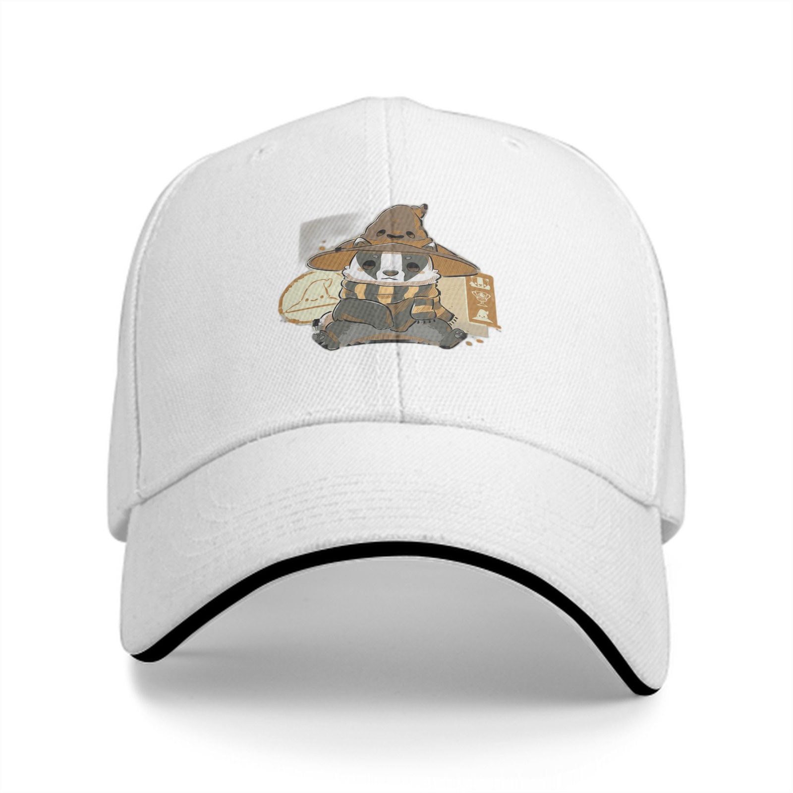 Black baseball cap with Hufflepuff badger wizard design