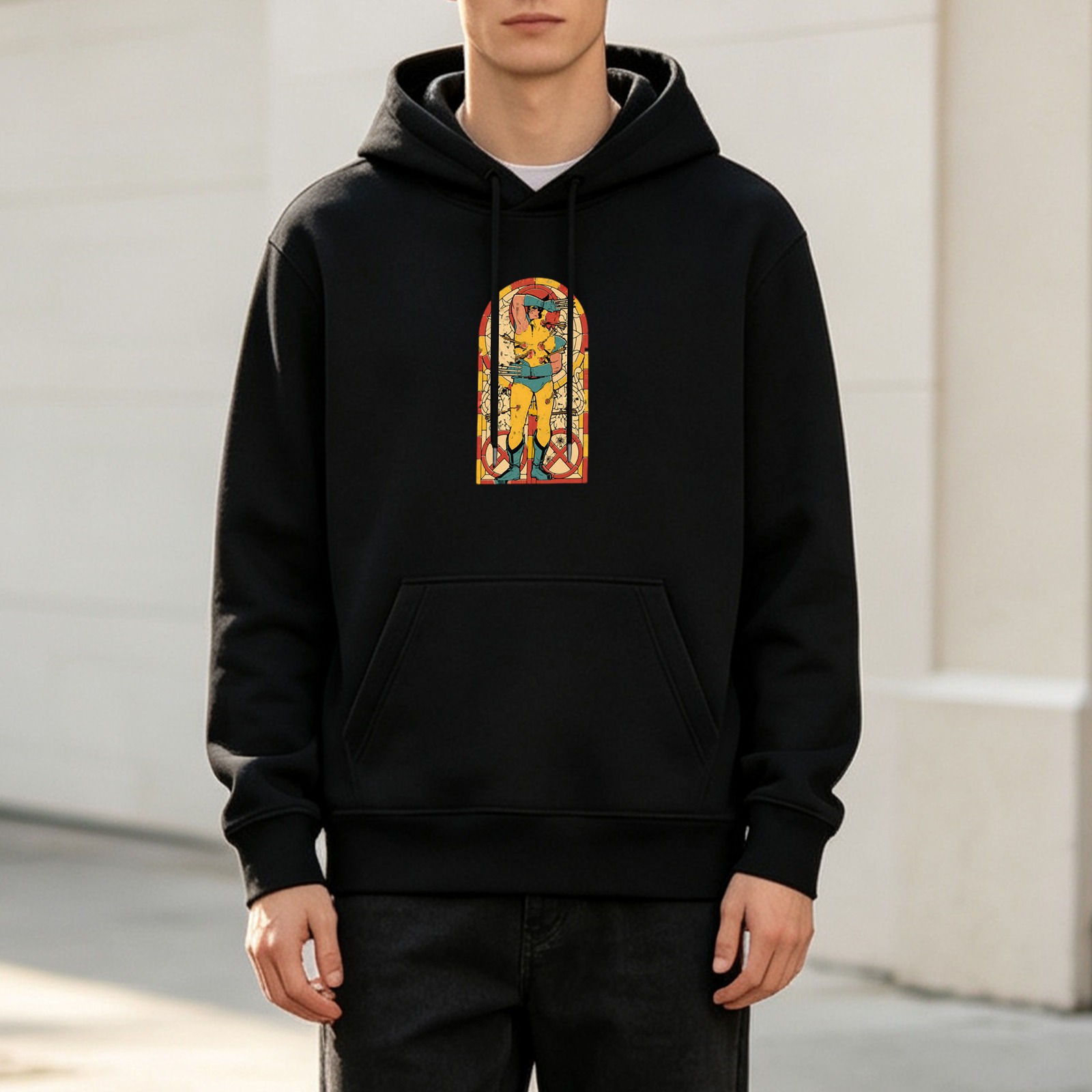 Black Hoodie with Retro Superhero Arch Print