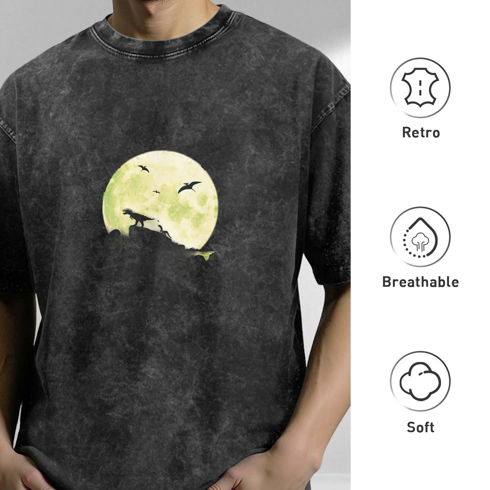 Vintage Acid Wash T-Shirt with Dinosaur Moon Silhouette Graphic