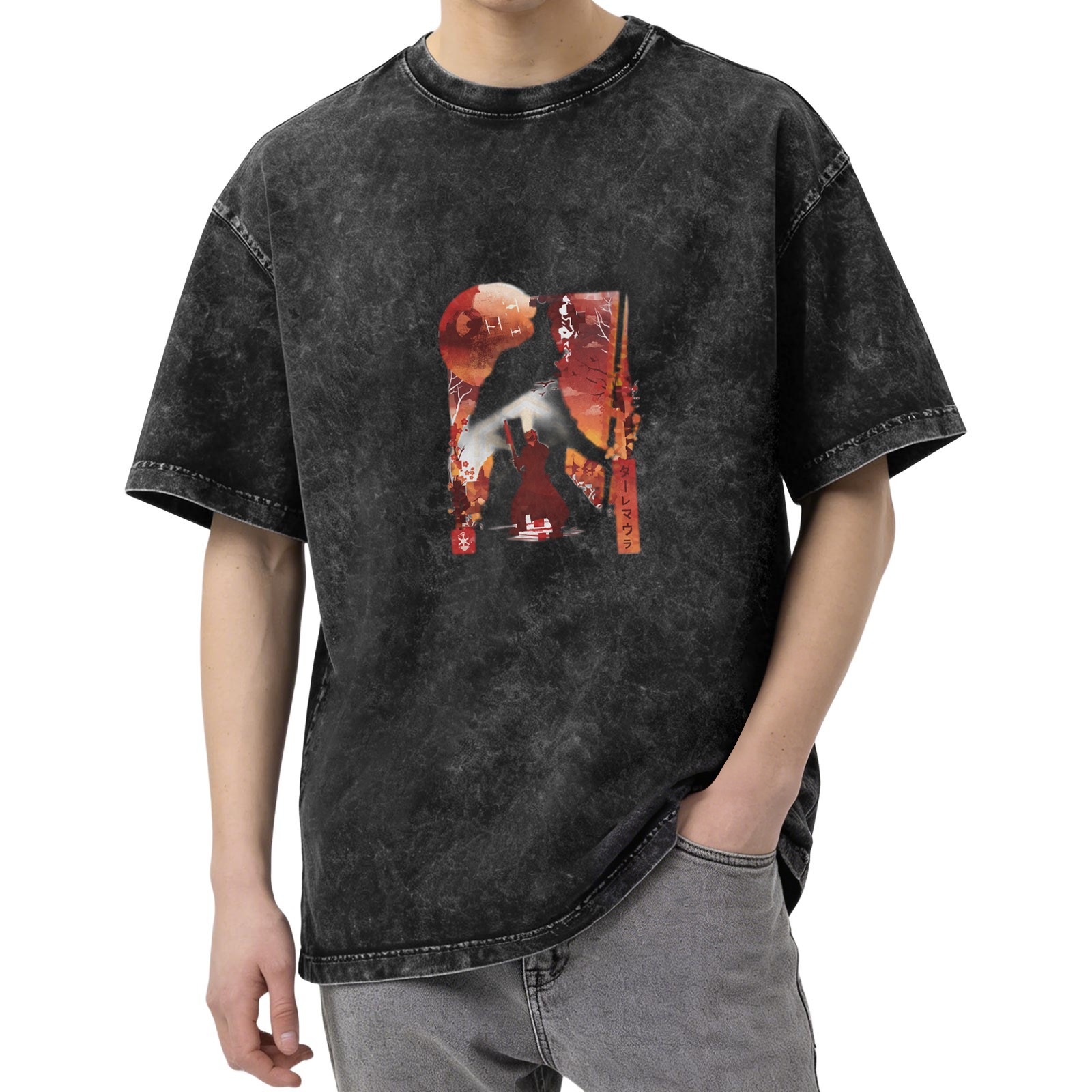 Oversized Acid Wash T-Shirt With Japanese Themed Monster Art Print