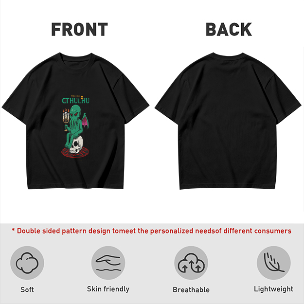 Olive Green Cthulhu Graphic T-Shirt with Skull and Candles