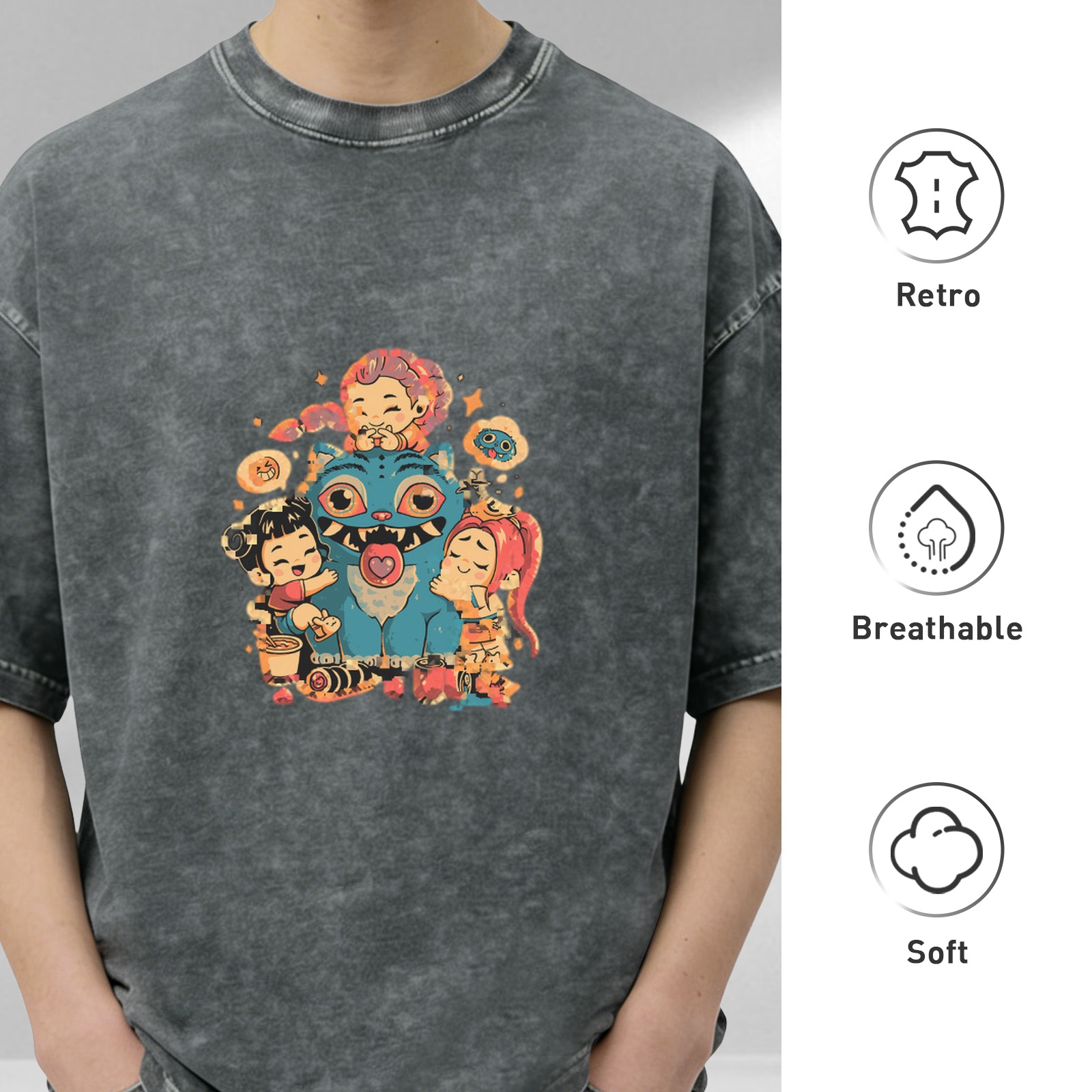 Oversized Vintage Wash T-shirt with Cute Monster & Chibi Characters Graphic Print, Dark Gray Acid Wash Casual Tee