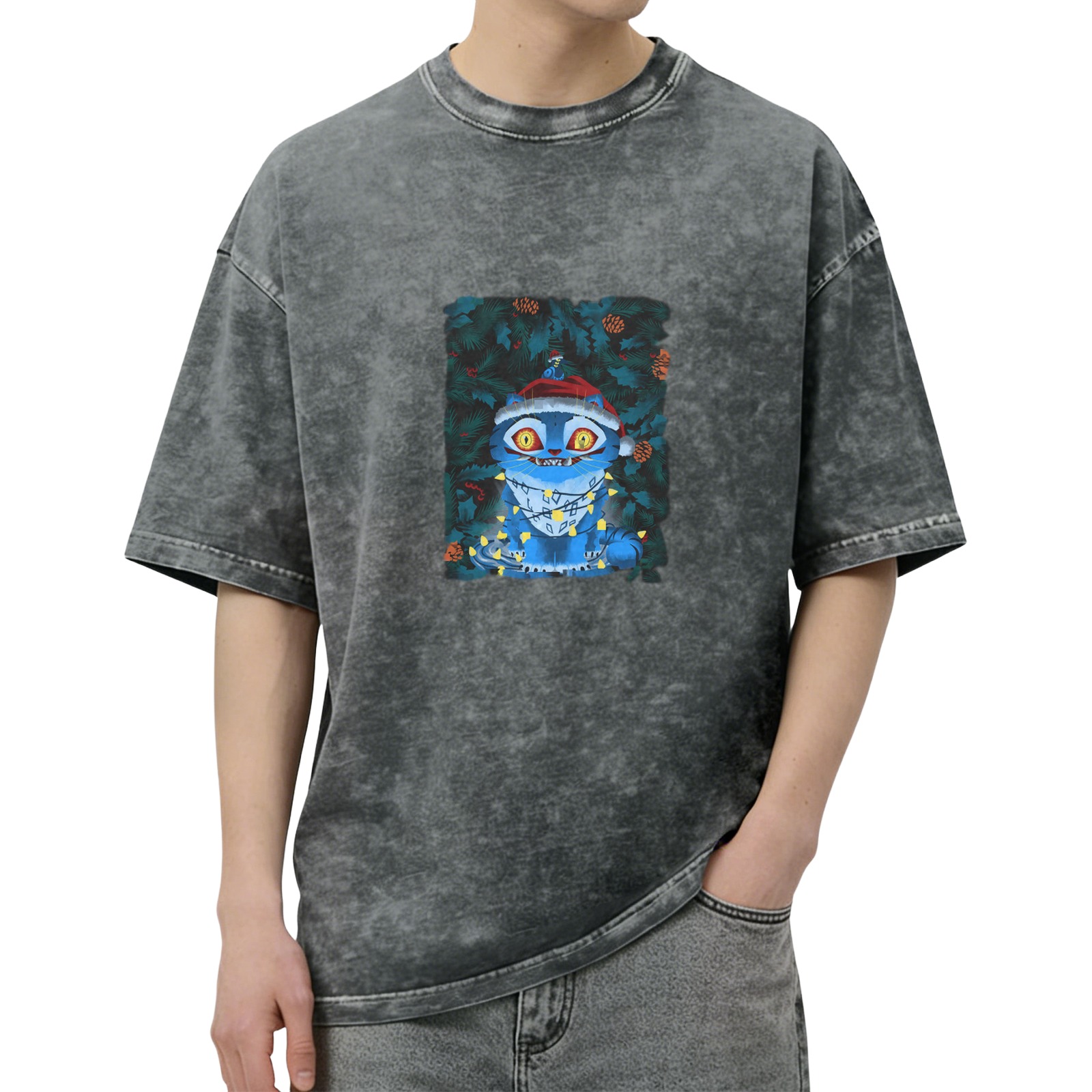 Distressed Black Christmas Blue Cat Print Short Sleeve T-Shirt