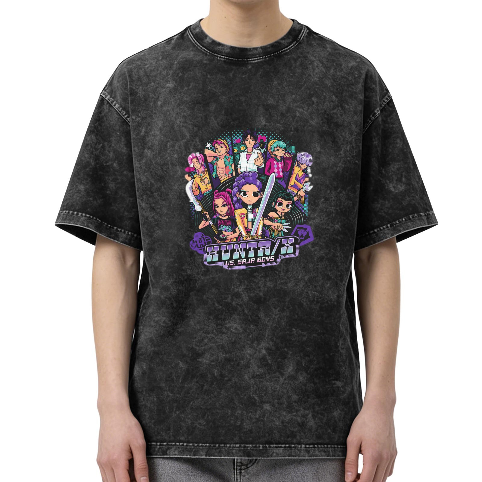 Oversized Acid Wash Graphic T-Shirt with Anime 'HUNTR/X vs. SAJA BOYS' Print