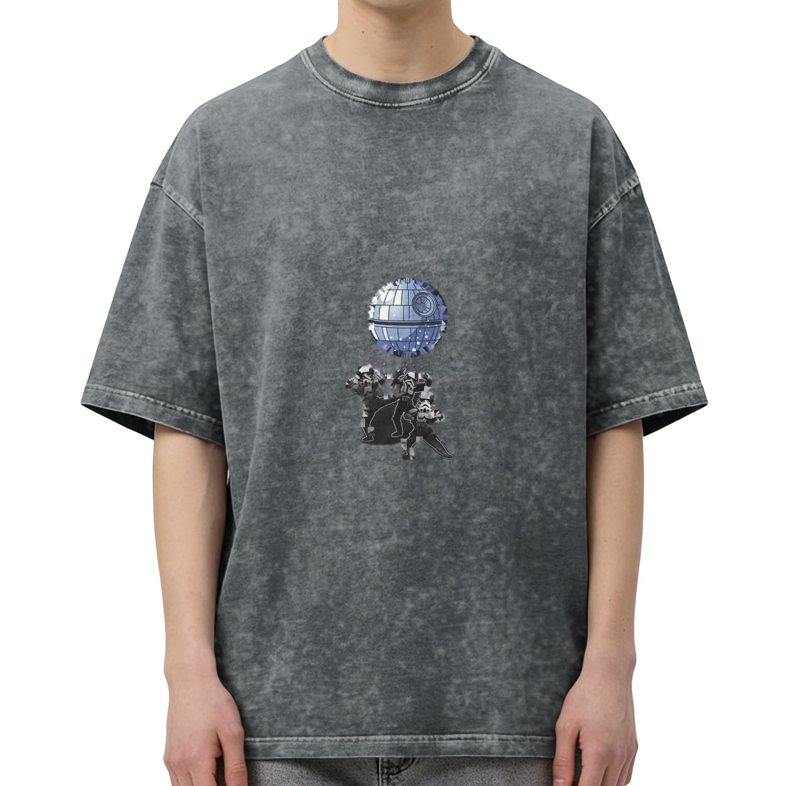 Oversized Dark Wash T-Shirt With Star Wars Death Star Print