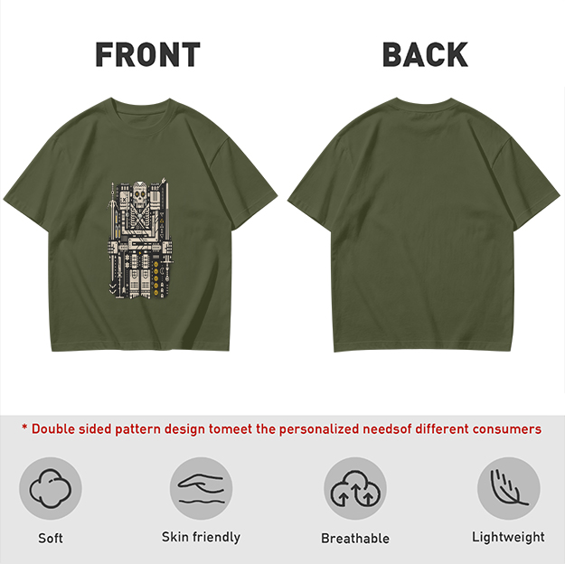 Olive T-Shirt With Mechanical Skull Weapon Art Print