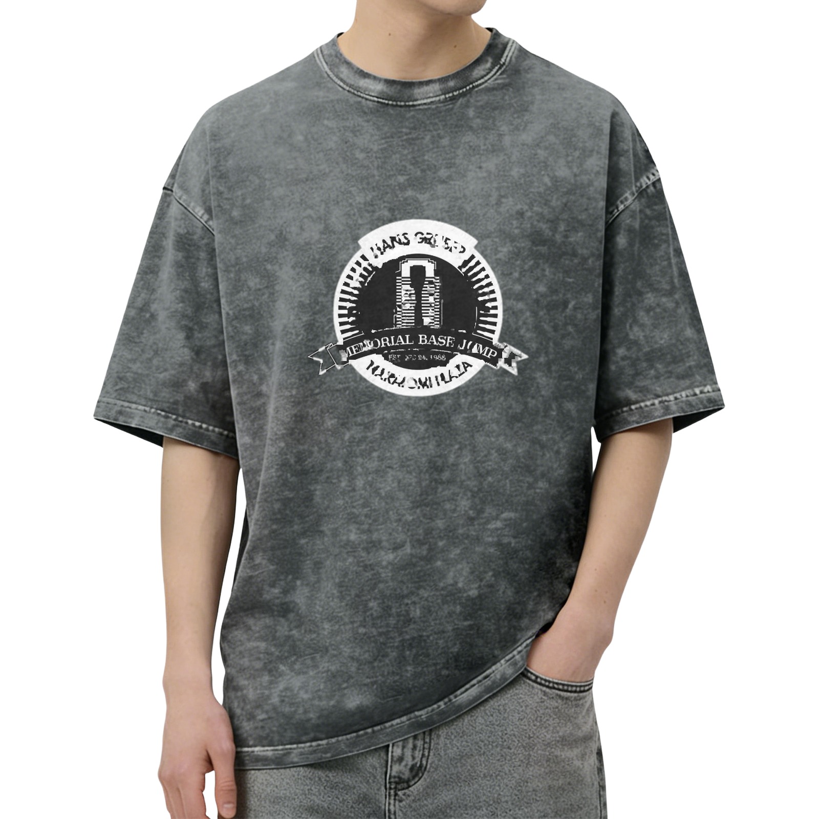 Oversized Acid-Wash Black Graphic T-Shirt with 'Hans Gruber Memorial Base Jump' Print