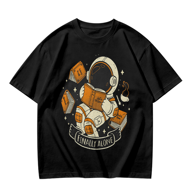 Astronaut Reading Book 'Finally Alone' Graphic T-Shirt Design
