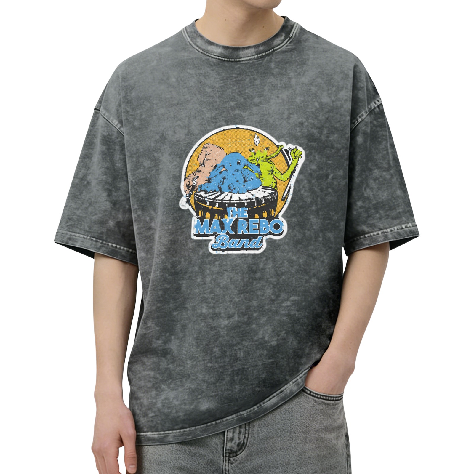 Distressed black short-sleeved T-shirt Star Wars Max Rebo Band band printed top