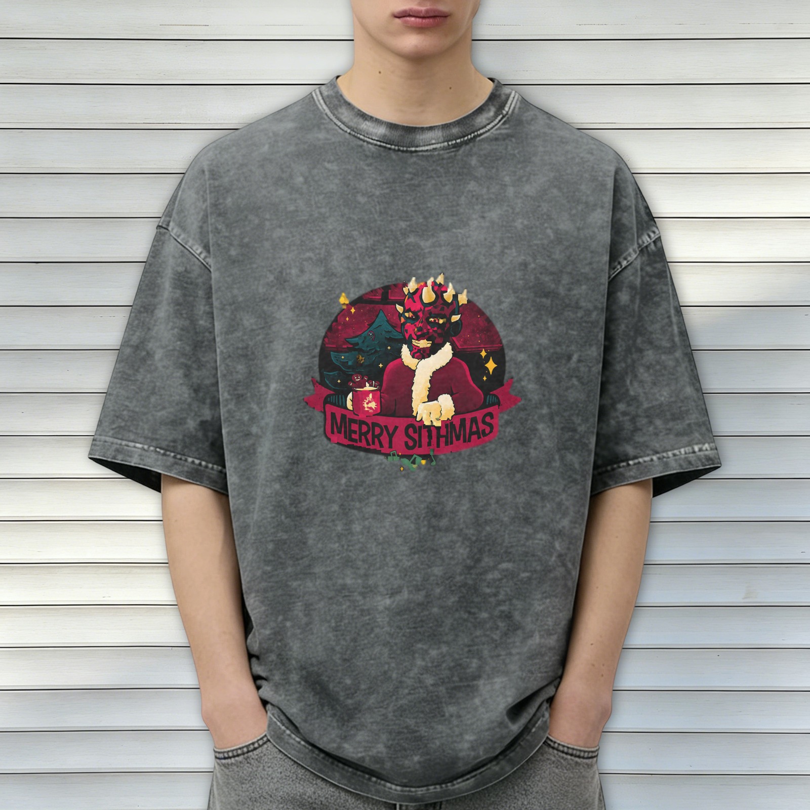 Merry Sithmas Darth Maul Christmas Graphic Acid Wash T-Shirt
