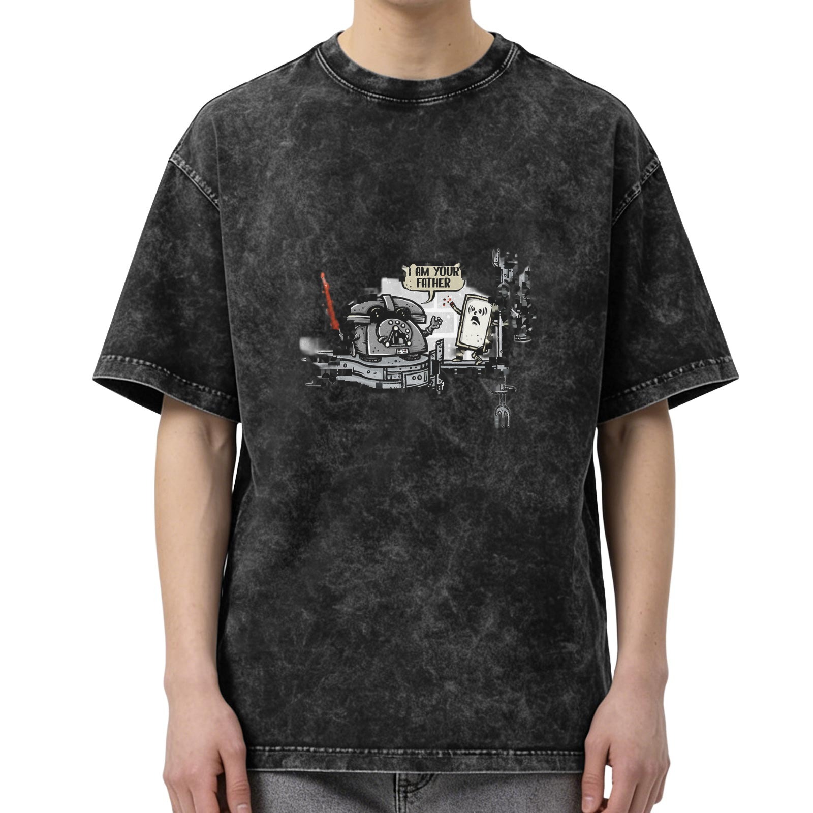 Washed Black T-Shirt With Retro Phone I Am Your Father Graphic