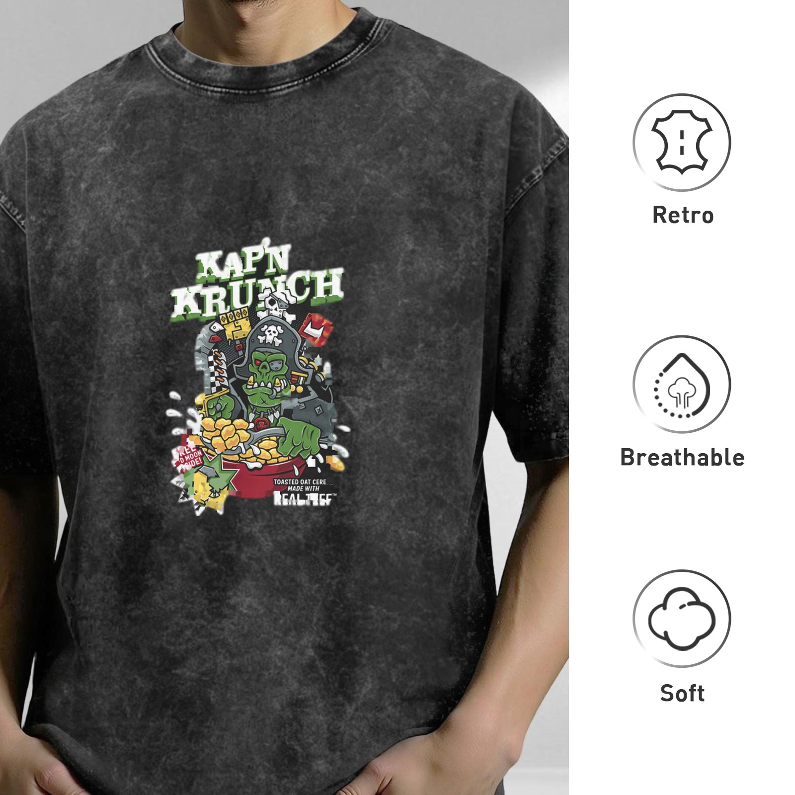 Men's Oversized Acid Wash Graphic T-Shirt - Kap'n Krunch Zombie Pirate Cereal Print - Black