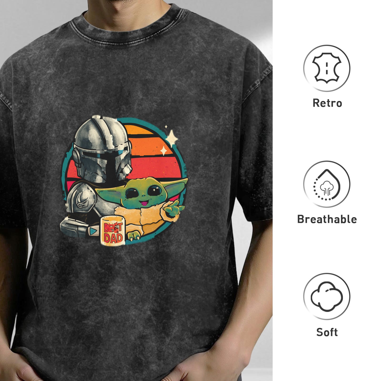 Star Wars The Mandalorian & Grogu (Baby Yoda) 'Best Dad' Graphic Acid-Wash Short Sleeve T-Shirt