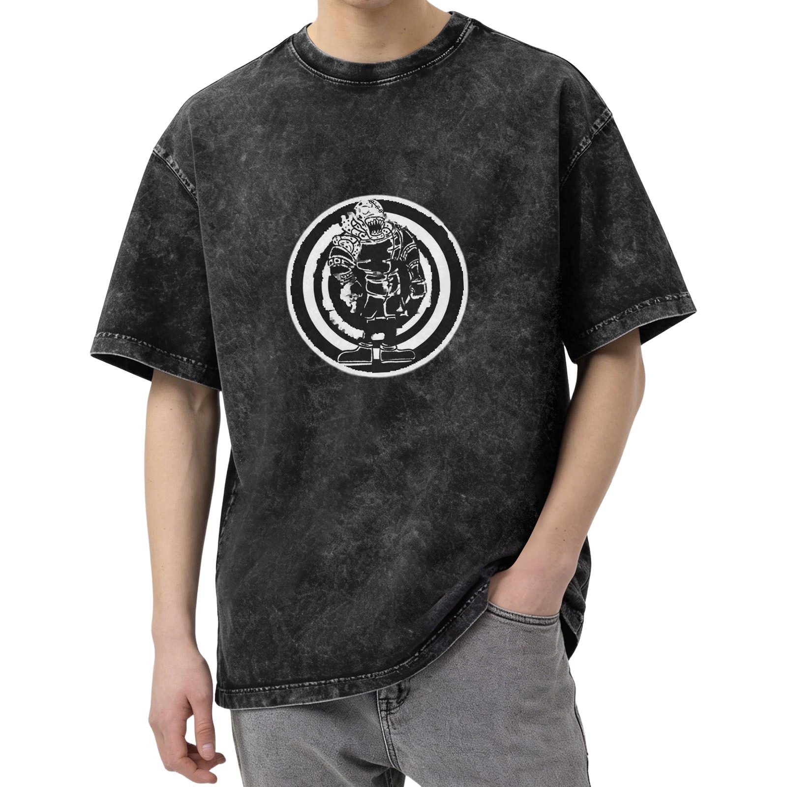 Oversized Acid Wash T-Shirt With Fantasy Warrior Graphic Print
