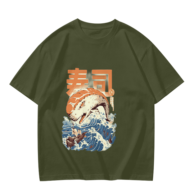 Olive t-shirt with sushi monster and great wave graphic