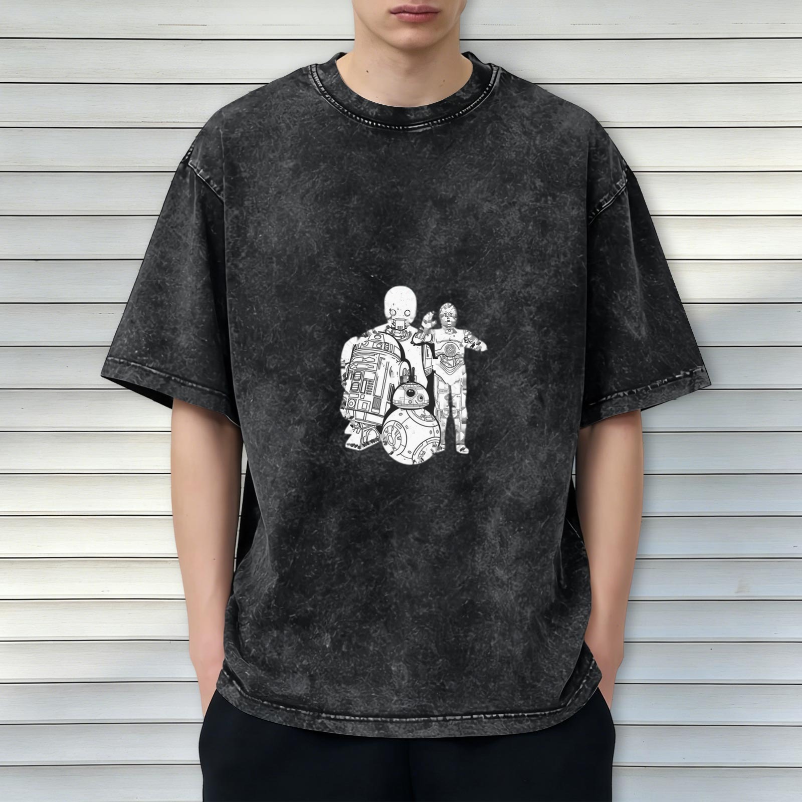 Star Wars Droids Graphic Black Acid Wash Oversized T-Shirt