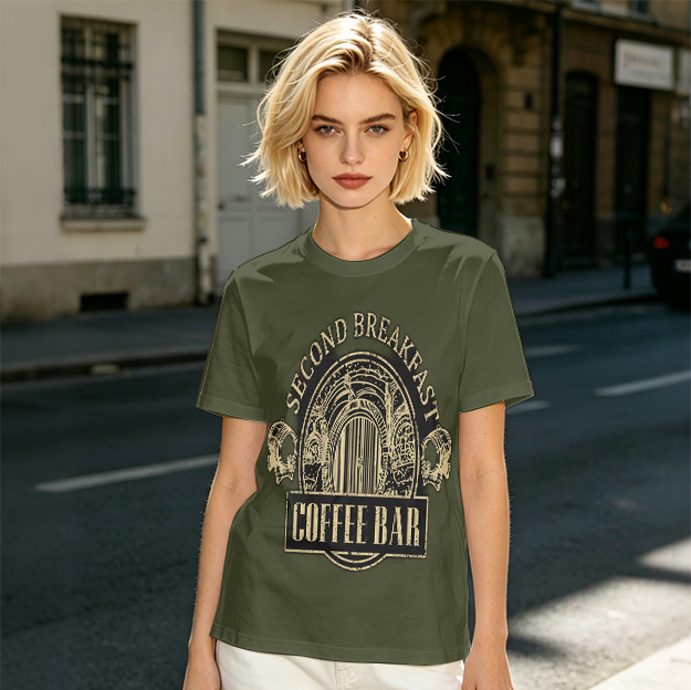 Olive Green T-Shirt with Second Breakfast Coffee Bar Graphic