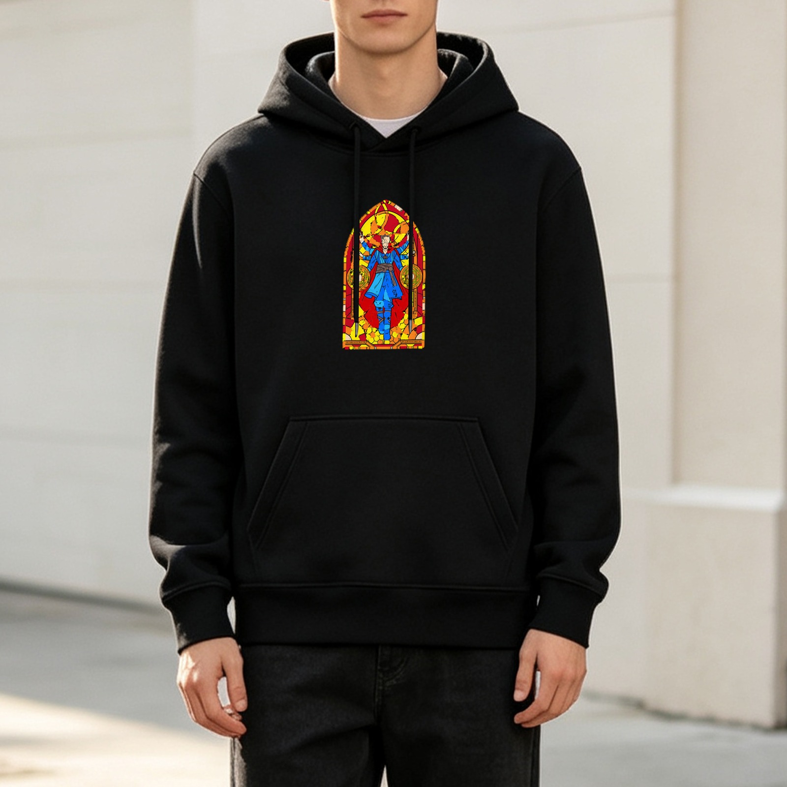 Black hoodie with stained glass style magical character print
