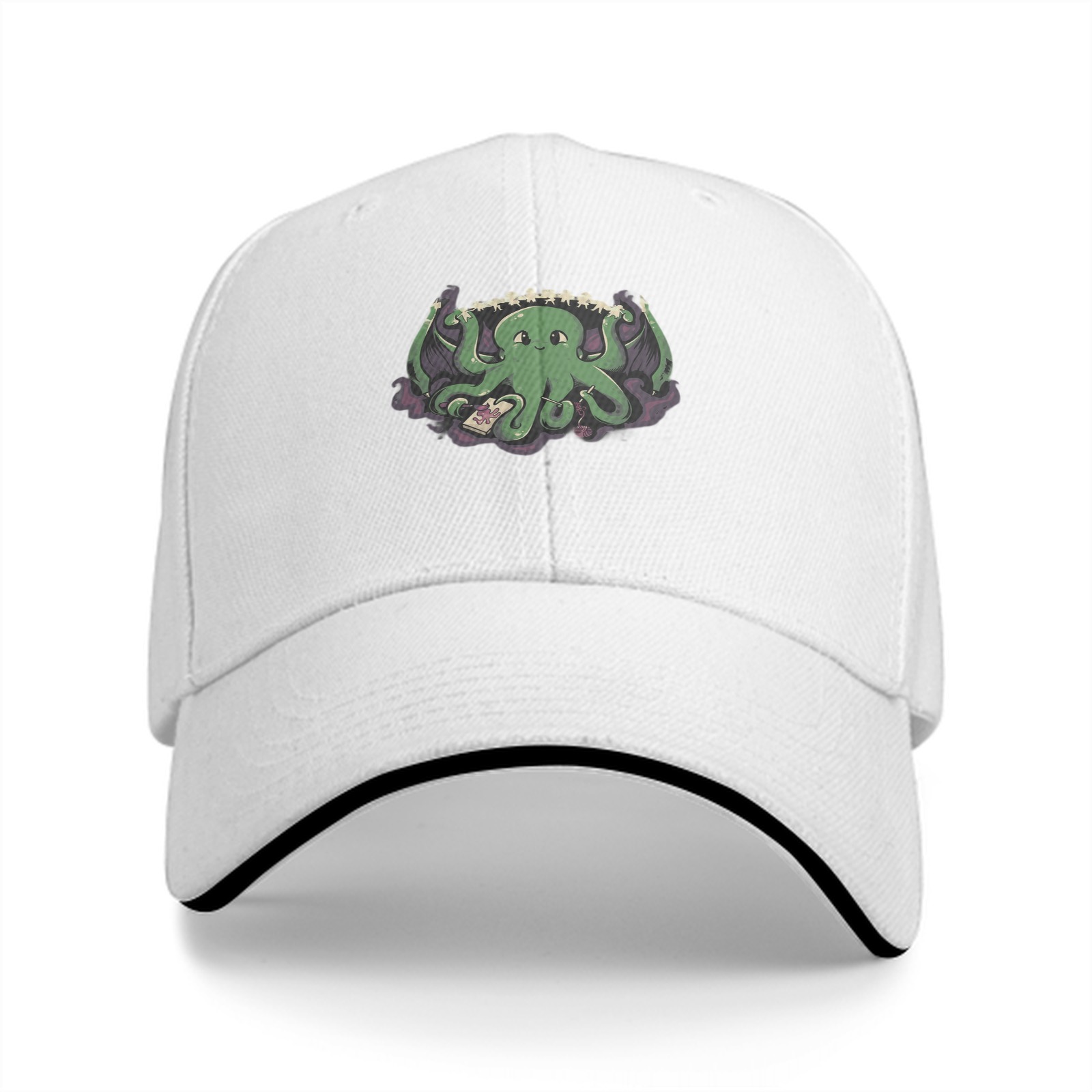 Black baseball cap with cute green octopus graphic design