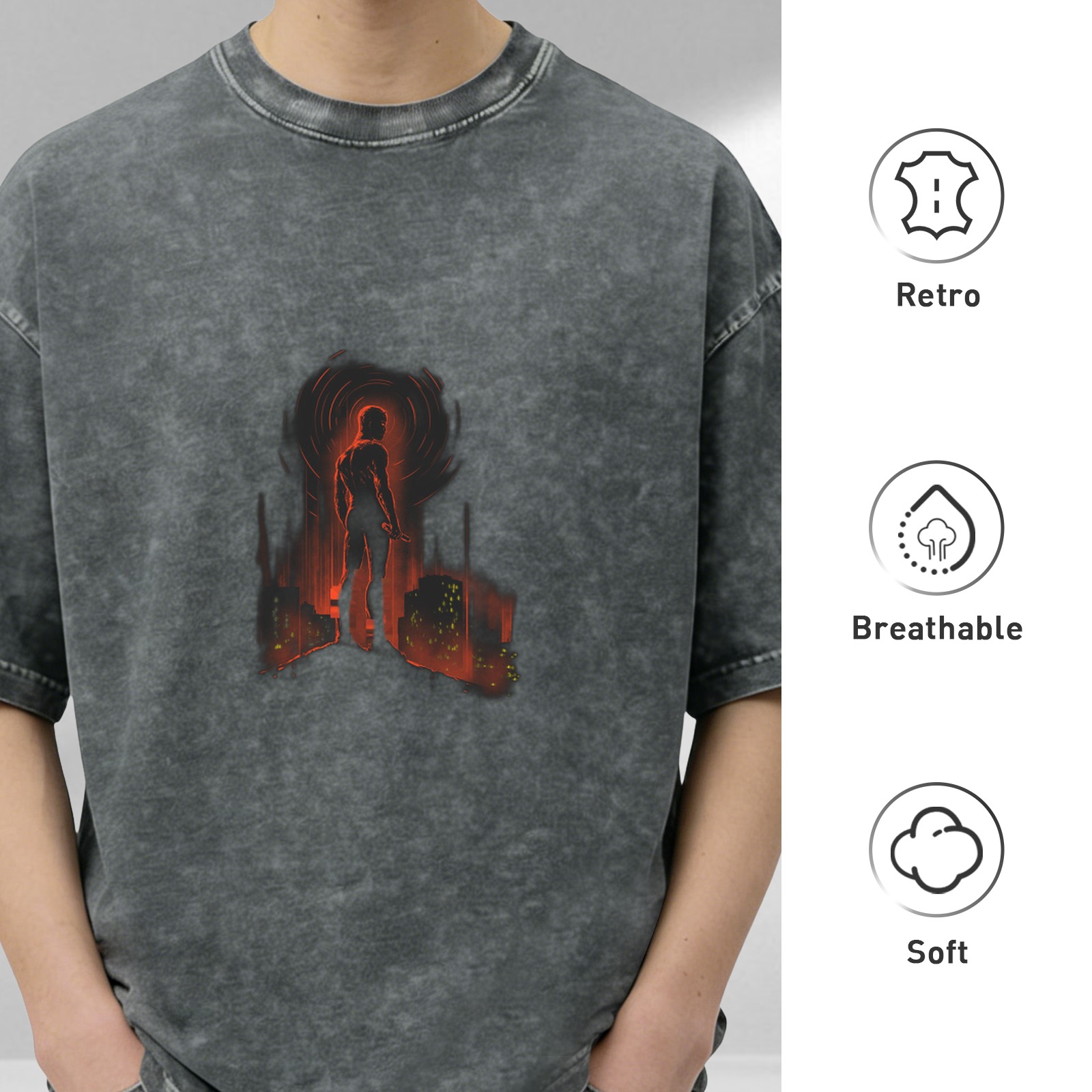 Oversized acid wash t-shirt with glowing red silhouette figure print
