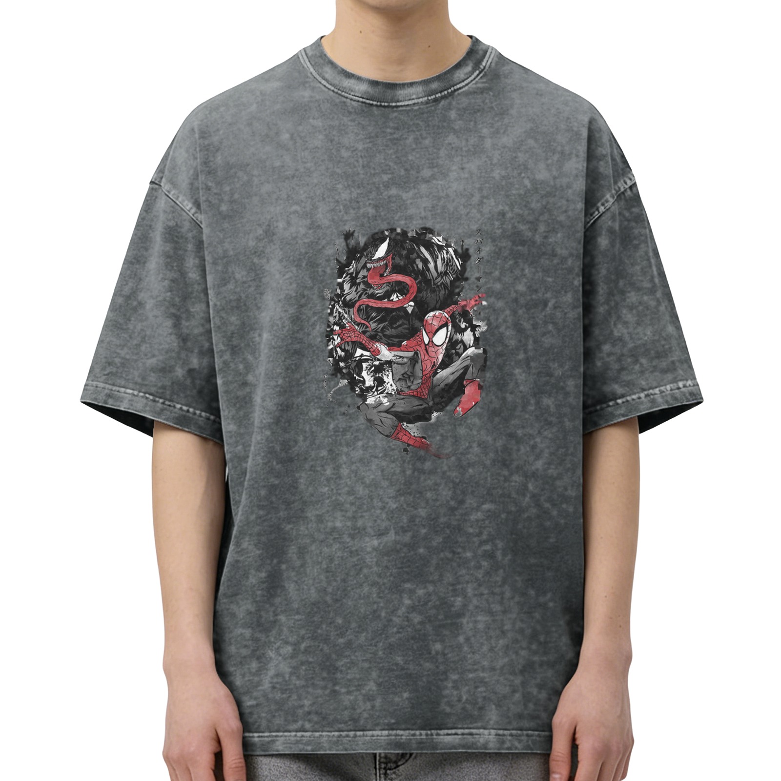 Washed Black Oversized T-Shirt with Spider-Man Graphic Print
