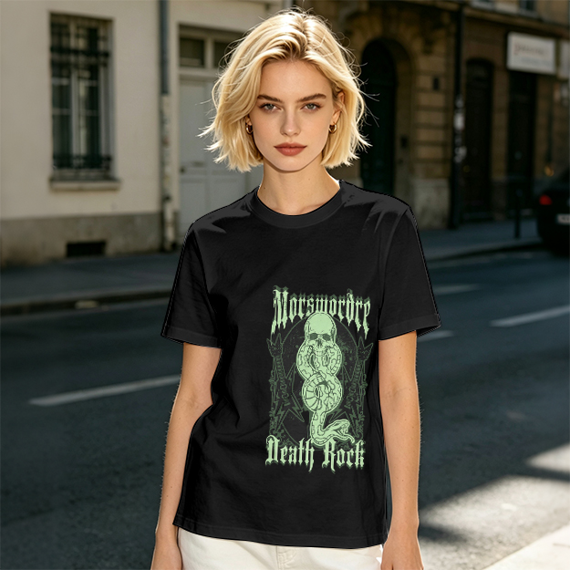 Olive graphic t-shirt with skull snake death rock design