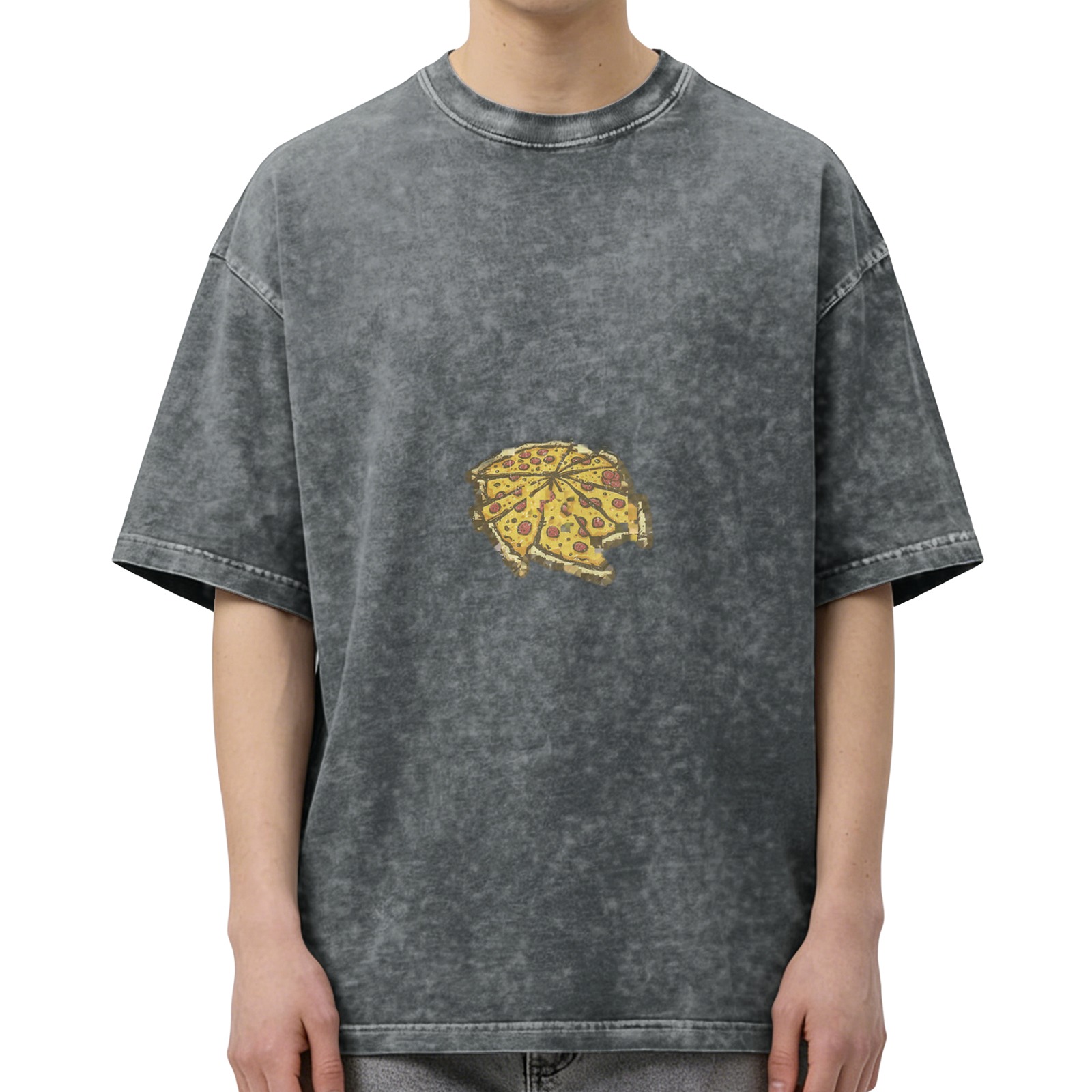 Distressed black pizza print loose short-sleeved T-shirt