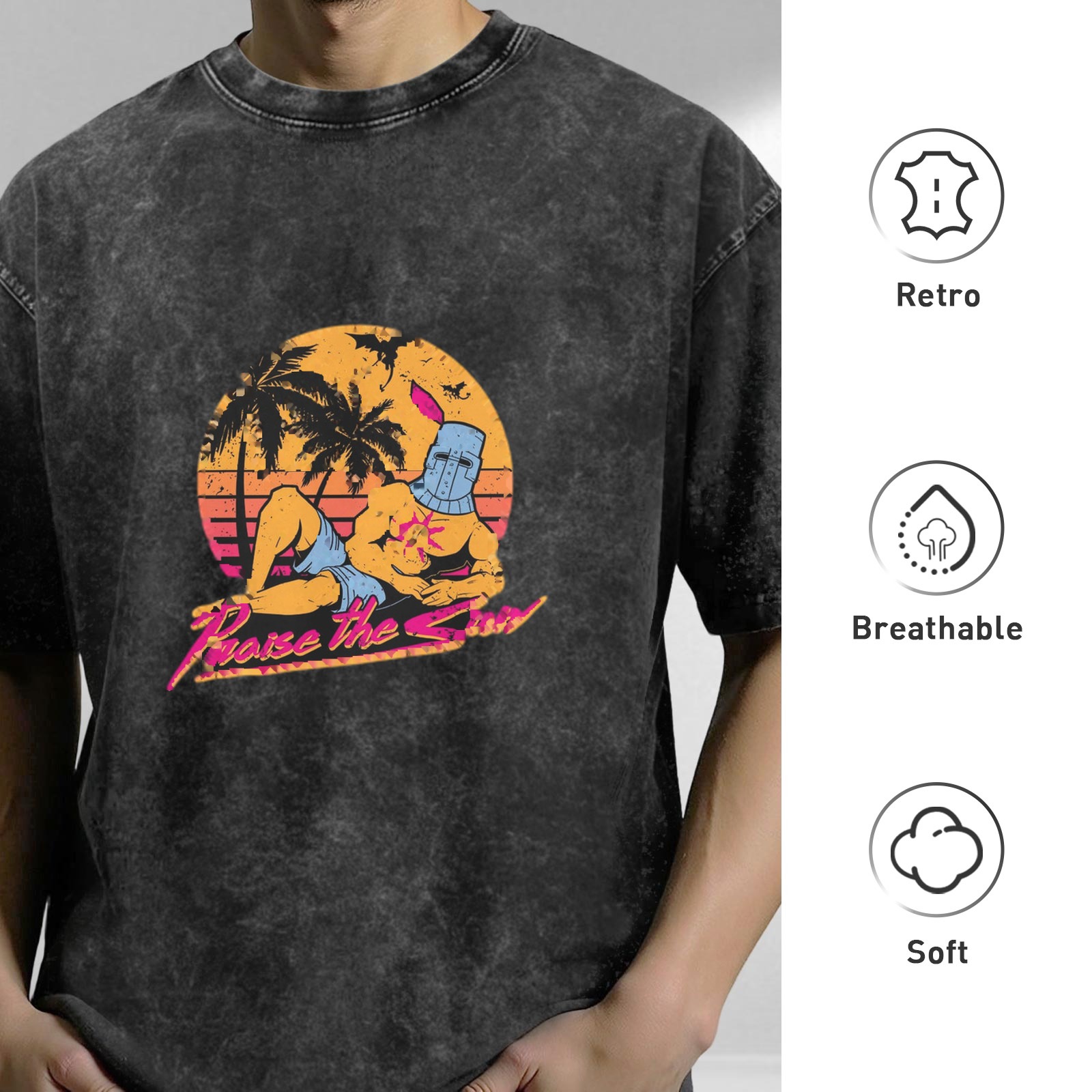 Vintage Acid Wash T-Shirt Praise The Sun Knight Sunset Graphic