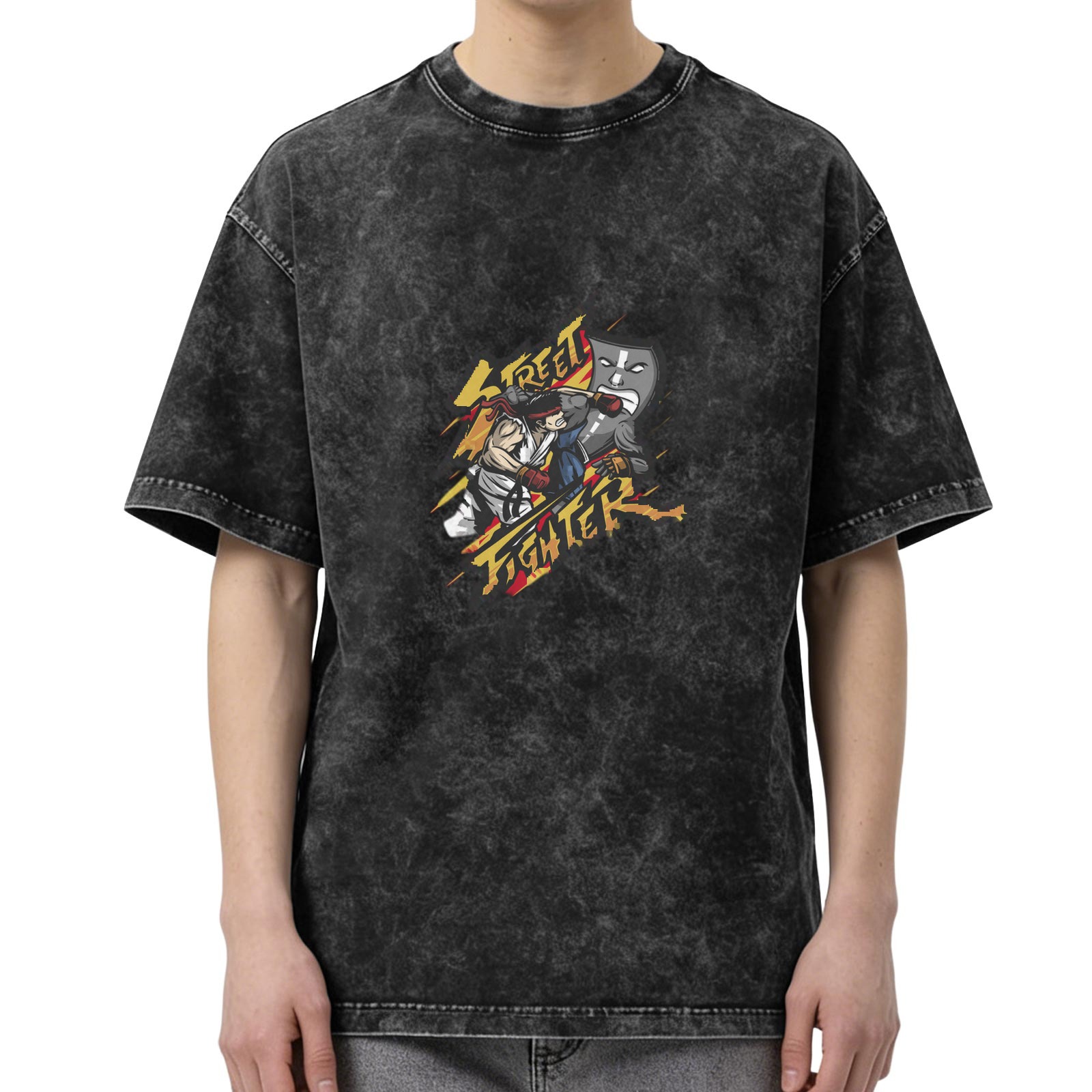 Oversized Stonewashed Black T-Shirt With Street Fighter Graphic Print