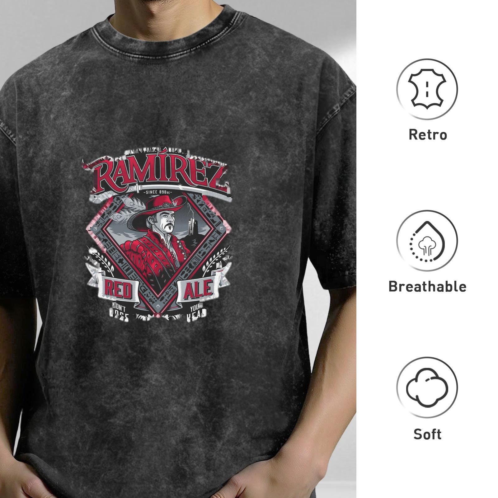 Oversized Acid Wash T-Shirt with Ramirez Red Ale Graphic