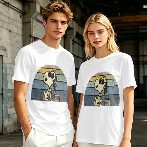 Olive T-shirt with Snoopy and Woodstock Retro Sunset Graphic