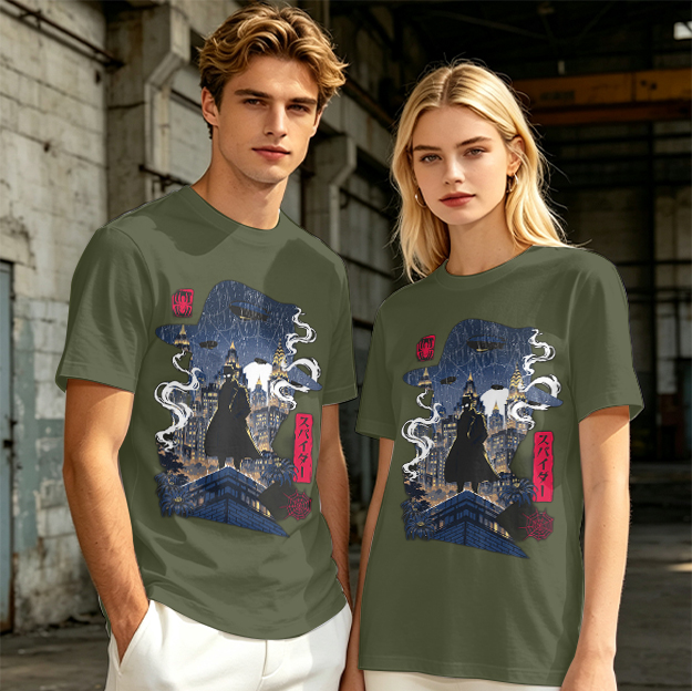 Olive T-Shirt with Night City Rooftop Spy Silhouette Art