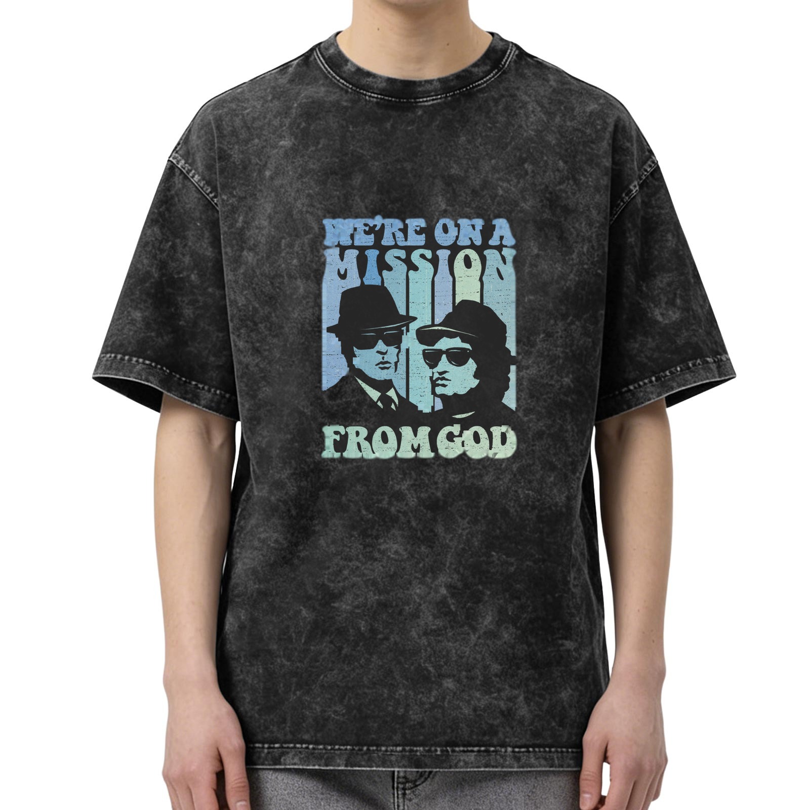 Retro washed black short-sleeved T-shirt Blues Brothers themed print 'We're On A Mission From God' distressed casual top