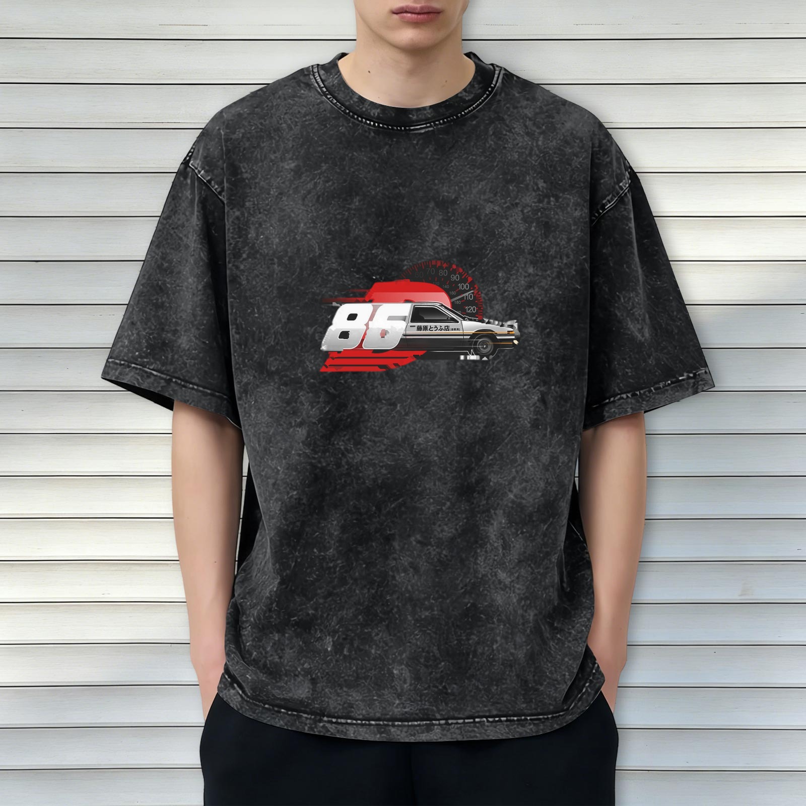 Distressed black loose short-sleeved T-shirt Initial D AE86 racing print washed retro round neck top