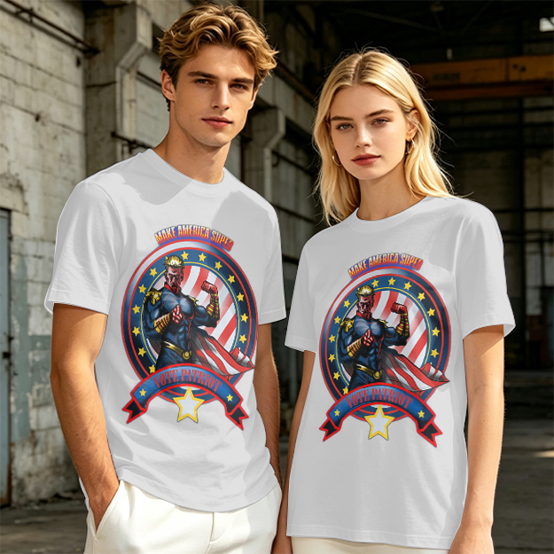 Olive t-shirt with patriotic superhero 'Make America Super' graphic