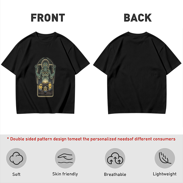 Olive Green T-Shirt with Cthulhu and Minions Graphic Print