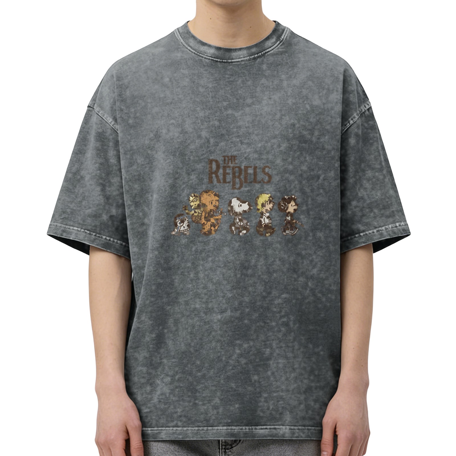 Vintage Washed Black T-Shirt with 'The Riffis' Chibi Character Graphic Print