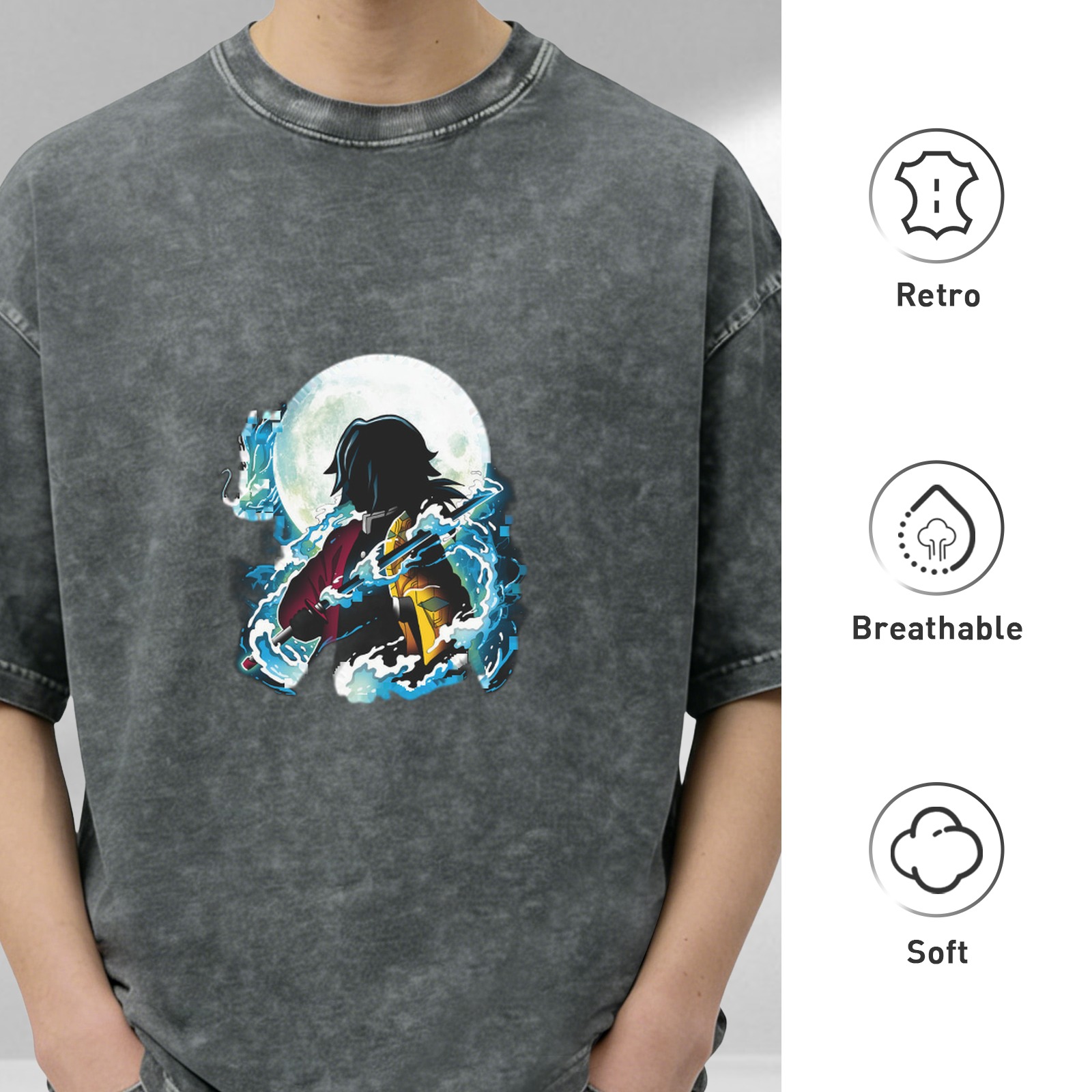 Demon Slayer: Kimetsu no Yaiba Tomioka Giyuu themed washed and distressed loose short-sleeved T-shirt